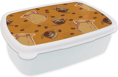 Broodtrommel Wit - Lunchbox - Brooddoos - Koffie - Patronen - Koffiebonen - 18x12x6 cm - Volwassenen