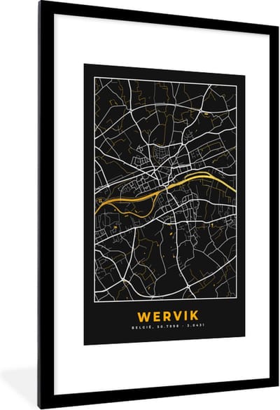 Fotolijst incl. Poster - Wervik - Plattegrond - Kaart - Goud - Stadskaart - 80x120 cm - Posterlijst