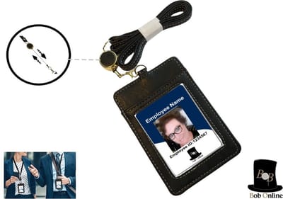 Bob Online ™ - Kunstleer – Verticaal - Zwart – ID-Badgehouder met Intrekbare Lanyard – 2 Kaartsleuven ID-Badgehouder – PVC Lederen ID-Kaarthouder – Easy Swipe ID-houder voor werk-ID en/of Treinkaart – PVC Leather ID Badge Holder - Retractable Lanyard