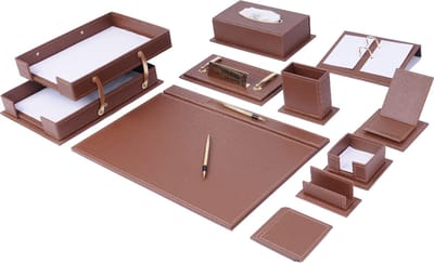 Lederen Bureauset - Kleur LICHT BRUIN - Luxe Bureau Organizer - Bureau opbergruimte - Lederen onderzetter - Bureauaccessoires - 14 delige set