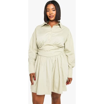 boohoo Dames Plus skater-shirtjurk met geplooide taille en detail | Light Khaki | Maat: 16