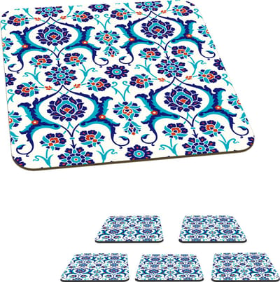Onderzetters voor glazen - Bloemen - Patronen - Blauw - 10x10 cm - Glasonderzetters - 6 stuks