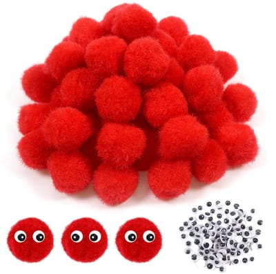 Dailygoods- Pompons 50 stuks - Rode Pluizige Pompons 20 mm - Zelfklevende Wiebelogen 100 stuks - Doe-het-zelf Ambachten - Decoratie - Goede Kwaliteit - Knutselpompons