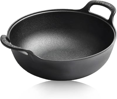 Gietijzeren Wok 30 cm - Anti-stick Inductiewok met Diepe Bodem voor Koken, Grillen en Stomen