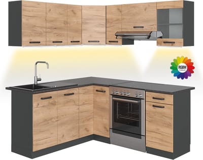 Vicco Hoekkeuken R-Line, Goudkleurig Eiken/Antraciet, 187 x 167 cm AP Antraciet met LED-strips
