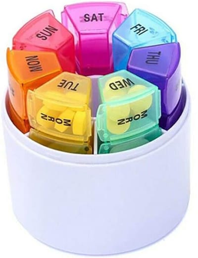 Tablettenbox 7 dagen 4 vakken - ronde pillendoos , tablettdoos 's ochtends 's middags 's avonds - ideaal voor medicijnen, tabletten, vitamines