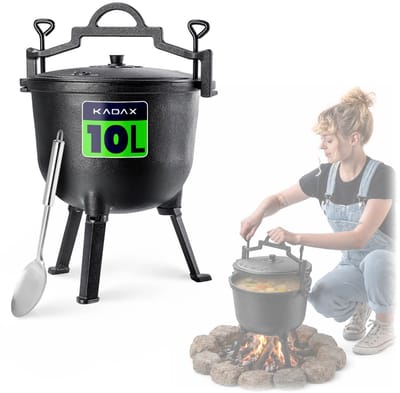 KADAX Jachtketel, gietijzeren kookpan met voeten, stoofpan van gietijzer, Dutch Oven voor tuin, kampvuur, camping, BBQ, vuurpan met deksel (10 l met lepel)