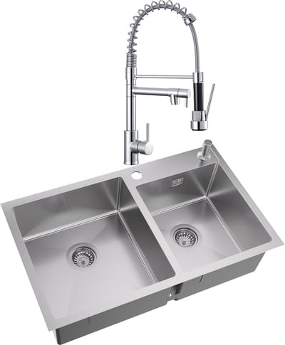 Auralum max Dubbele Spoelbak voor keuken 75x45cm - Spoelbak Keuken Met keukenkraan met uittrekbare uitloop - Roestvrij staal- Wasbak met waterafvoersysteem - Met zeepdispenser 300ml