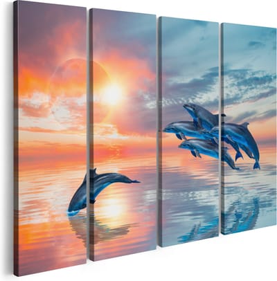 Artaza Canvas Schilderij Vierluik Groep Dolfijnen Springen uit het Water - 160x120 - Groot - Foto Op Canvas - Canvas Print