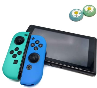 Gadgetpoint - Hoesjes & Skins + Thumb Grips voor Nintendo Switch 1 - Performance Gaming Case - Soft Grip Covers - Anti-Slip Joy-Con Controller Accessoires - Cobalt Groen/Lichtblauw + Bloemetjes Blauw/Groen