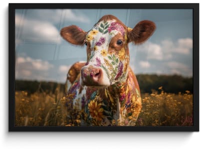 Poster in lijst - Fotolijst 60x40 cm - Posters - Koe - Bloemen - Weiland - Posterlijst zwart - Decoratie - Wanddecoratie woonkamer - Muurdecoratie slaapkamer