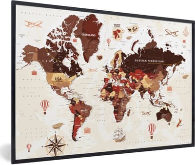 Poster in lijst - Fotolijst 90x60 cm - Posters - Wereldkaart - Bruin - Rood - Posterlijst zwart - Decoratie - Wanddecoratie woonkamer - Muurdecoratie slaapkamer