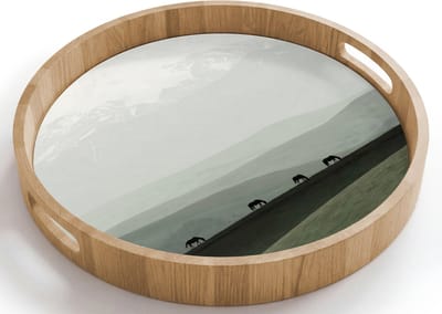 Dienblad rond 40x40 cm - Schootdienblad hout - Grijs - Berg - Paarden - Borrelplank rechthoek - Plateau houten dienbladen