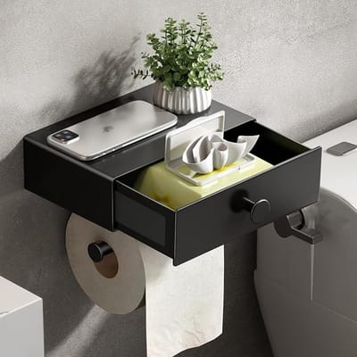 Toiletpapierhouder met lade en vochtige doekjesbox, roestvrij staal, zwart
