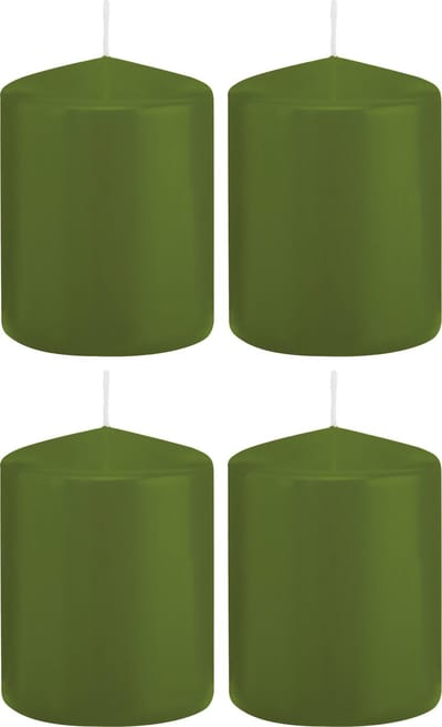 Trend Candles Cilinderkaars/stompkaars - 4x - olijfgroen - 6 x 8 cm - 29 branduren - met brandvertragende folie
