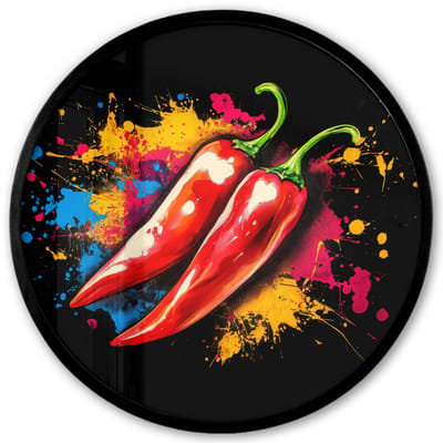 Poster in lijst Rond - Fotolijst 40x40 cm - Posters - Peper - Graffiti - Verf - Abstract - Modern - Kleurrijk - Ronde posterlijst zwart - Decoratie - Wanddecoratie woonkamer - Muurdecoratie slaapkamer