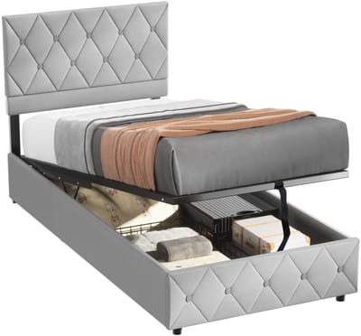REDOM Eenpersoonsbed 90x200 Cm – Hoog Hoofdbord Met Siernagels – Opbergruimte Bed Voor Slaapkamer – Modern Design – Fluweel – Grijs