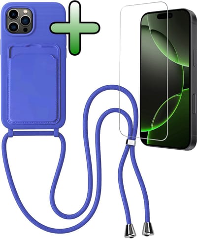 Hoes Geschikt voor iPhone 16 Pro Hoesje Pas Houder Case Hoes Met Koord Met Screenprotector - Hoesje Geschikt voor iPhone 16 Pro Hoes Met Telefoonkoord Pasjeshouder Cover - Felblauw