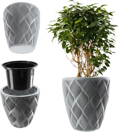 KADAX Bloempot met inzetstuk en handgrepen, plantenbak van kunststof in 5 maten, uv-bestendig, weerbestendig, hoog, met 3D-effect, laag, grijs
