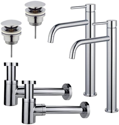 FugaFlow Eccelente Sobrado Badkamer Slim Wastafelkraanset - voor dubbele wastafel - verhoogde wastafelkraan - klikwaste plug - verlaagde design sifon - Chroom