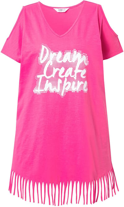 Angel of Style - Dames - Longshirt A-lijn graffitimotief puntzoom met franje - Hibiscusrood - Maat 44