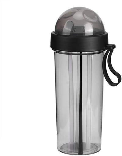 600ml waterbeker met stro en deksel, waterfles met opslagruimte, drinkfles voor thuis buitenkamperen sport (zwart)
