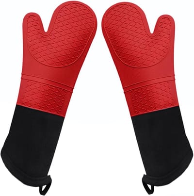 Professionele siliconen ovenwanten 1 paar extra lange hittebestendige keukengrillhandschoenen met katoenen voering