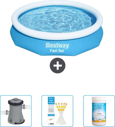 Bestway Rond Opblaasbaar Fast Set Zwembad - 305 x 66 cm - Blauw - Inclusief Pomp - Testrips - Chloor