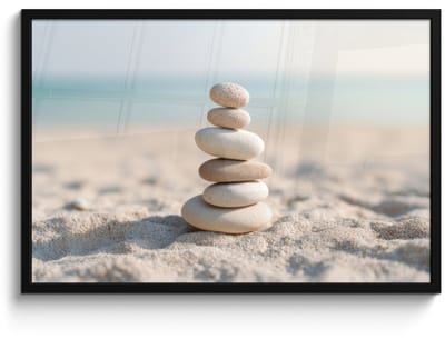 Poster in lijst - Fotolijst 90x60 cm - Posters - Stenen - Stapel - Zand - Zee - Posterlijst zwart - Decoratie - Wanddecoratie woonkamer - Muurdecoratie slaapkamer