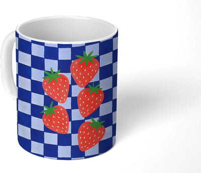 Mok - Koffiemok - Geblokt - Blauw - Aardbeien - Mokken - 350 ML - Beker - Koffiemokken - Theemok