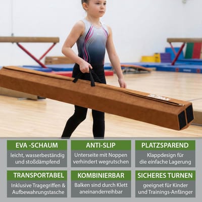 Schwebebalken 300 cm braun klappbar auf 150 cm tragbarer Turnbalken inkl.Tragetasche