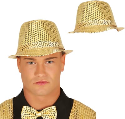 Fiestas Guirca Carnaval verkleed hoedje - 2x - glitter goud - volwassenen/heren - met paillette