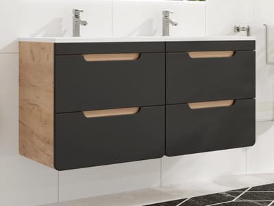 Vente-unique Zwevend badkamermeubel met inbouwwaskom - Naturel en antraciet - 120 cm - ARUBA