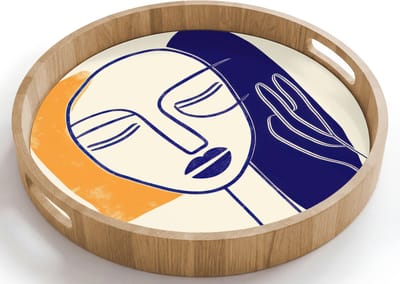 Dienblad rond 40x40 cm - Schootdienblad hout - Minimalistisch - Gezicht - Hand - Oranje - Blauw - Borrelplank rechthoek - Plateau houten dienbladen