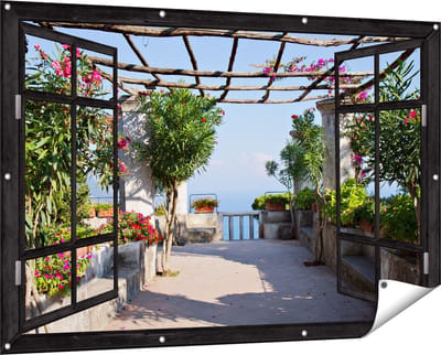 Gards Tuinposter Doorkijk Terras - 150x100 cm - Tuindoek - Tuindecoratie - Wanddecoratie buiten - Tuinschilderij