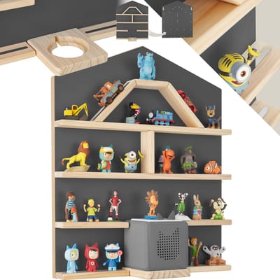 tectake® Houten Speelgoedrek - Plank met metalen strips voor magnetische bevestiging - Wandplank voor kinderkamers - Opberger - Voor Tonies en Toniebox - Antraciet