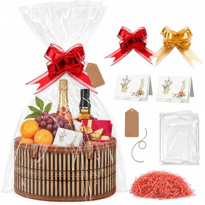 Bamboe cadeaumand leeg met strik, cadeaufolie, transparant, wenskaarten, vulmateriaal, cadeau, etiket, 30 x 20 x 15 cm, lege presentmand, geschikt voor geschenken, bruiloften, feesten (bruin)