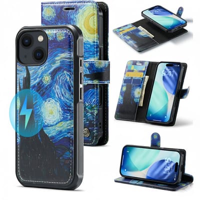 Casemania Hoesje Geschikt voor Apple iPhone 15 - De Sterrennacht Print - Van Gogh - Geschikt voor MagSafe - Kunstleer 2 in 1 Afneembare Bookcase - Magnetische Telefoonhoesje met Kunst Print en Pasjeshouder