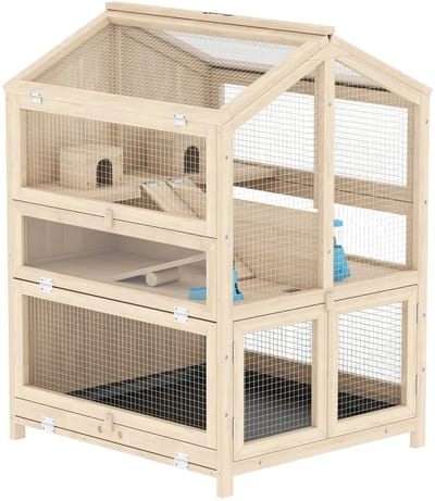 Hamsterkooi - 3 Niveaus - Verwijderbare lade - Hout/Metaal - 68L x 61,5B x 90H cm - Naturel