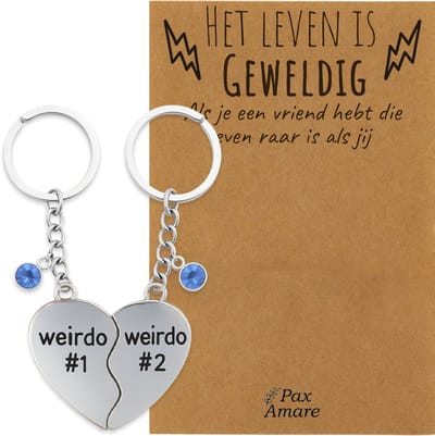 BFF Sleutelhanger voor 2 'Het leven is geweldig met een vriend zo raar als jij' - Weirdo's Hartje - Sleutelhanger set op Cadeau Kaartje - Zilverkleurig - Vriendschap Symbool - Pax Amare