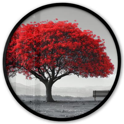 Poster in lijst Rond - Fotolijst 40x40 cm - Posters - Boom - Rood - Natuur - Zwart wit - Ronde posterlijst zwart - Decoratie - Wanddecoratie woonkamer - Muurdecoratie slaapkamer