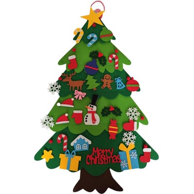 Kerstboom van vilt met LED-lichtsnoer en 32 stuks ornamenten Hangende boomdecoratie voor huishouden black