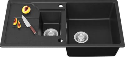 CECIPA max Spoelbak Keuken 86x45CM - 1.5 Granieten Spoelbakken Keuken - Primaire en Tweede Bak - Met Afdruiprek en Waterafvoersysteem - Zwart