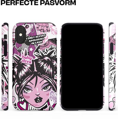 Casetastic hoesje geschikt voor Apple iPhone X / Apple iPhone XS - Dubbellaagse bescherming - Roze Y2K Pop Teen Girly Cash Diva Collage - Fashion Case - Grijs Donkergrijs Wit Lichtroze