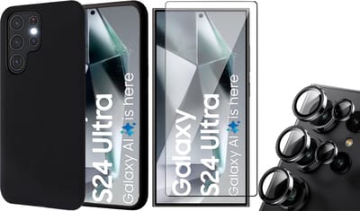 Hoesje geschikt voor Samsung Galaxy S24 Ultra - Screenprotector Volledig Dekkend Glas & Camera Protector - Mat Back Case Zwart