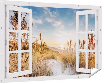 Gards Tuinposter Doorkijk Strand en Zee vanuit Duinen met Zonsondergang - 180x120 cm - Tuindoek - Tuindecoratie - Wanddecoratie buiten - Tuinschilderij