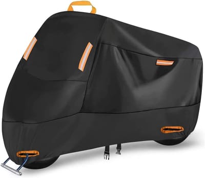 Motorhoes - Duurzaam, geschikt voor alle seizoenen - Waterdicht voor buiten - Waterdichte hoes - Scooterhoes voor buiten - Geschikt voor motoren, elektrische fietsen, enz. - Geschikt voor hoogtes tot 2,3 meter - Zwart (oranje streep) - 1 stuk