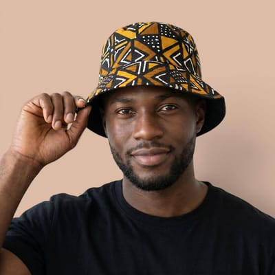 Bucket hat / Vissershoedje met Afrikaanse print - Bruin Bogolan Geometry - Kinderen & Volwassenen (Unisex) - S