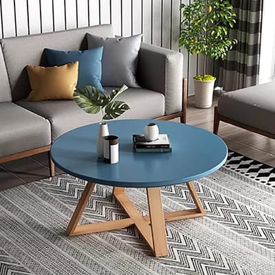 Houten Salontafel - Ronde Tafel - Woonkamer Meubel - Massief Hout - Diameter 61cm - Blauw