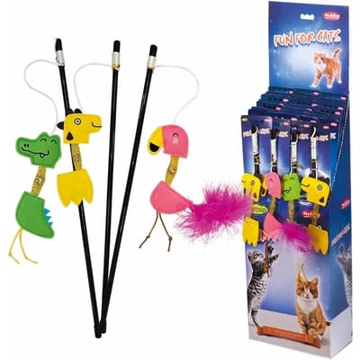 Vishengel voor katten met vilten dieren uit de dierentuin, met rammelballetje en kruiden Nobby Pet (x18)